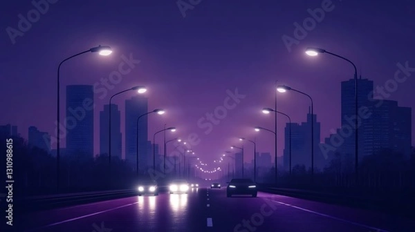 Fototapeta A nighttime cityscape with illuminated streetlights and cars on a road.
