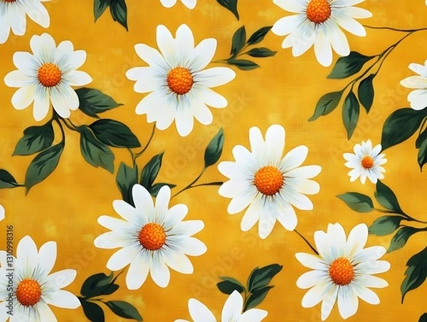 Obraz yellow background featuring a pattern of white daisy flowers with orange centers and green leaves, arranged randomly