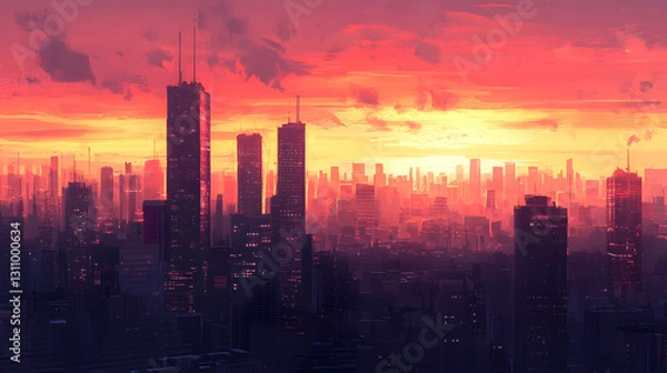 Fototapeta Panoramic Sunset View Over Urban Skyline with Vibrant Warm Colors and Silhouetted Buildings