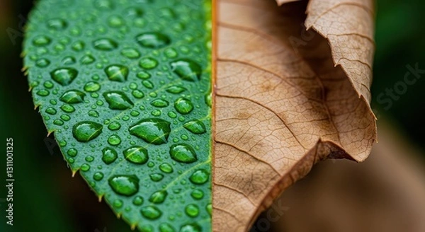 Obraz Contrasting Leaf Half Green with Water Droplets and Half Brown