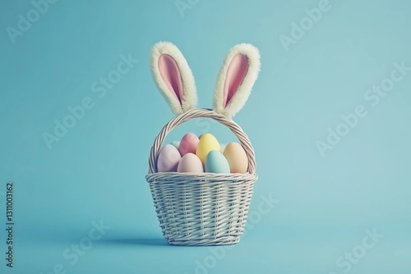 Fototapeta Pastel Easter eggs in a wicker basket with fluffy bunny ears, set against a light blue background. Festive spring holiday decoration.