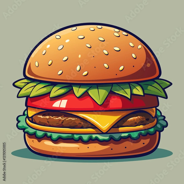 Obraz Vector cheeseburger with lettuce crisp green lettuce, juicy red tomato slices, melted yellow cheese, and a thick beef patty with grill marks (1