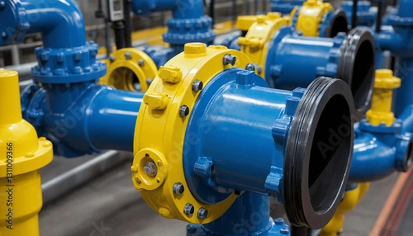 Fototapeta Industrial Precision: Close-Up of a Blue and Yellow Pipe with Valves. Generative AI