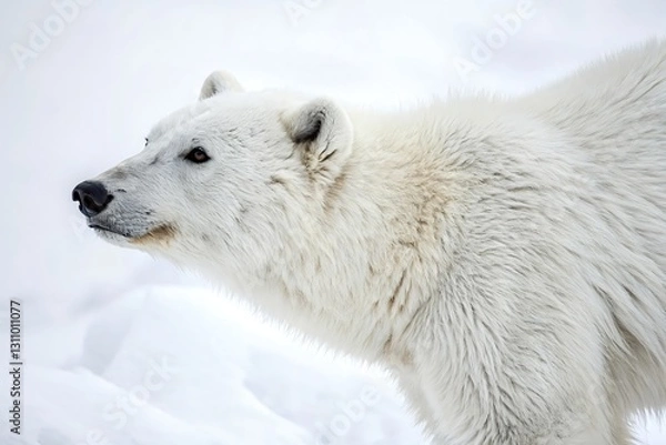 Fototapeta Polar Bear (Ursus maritimus) in the snow is a large Arctic carnivore, closely related to brown bears, with white fur, black skin, and adaptations for ice and water