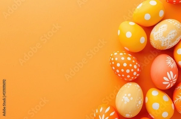 Fototapeta Easter with colorful eggs on the left against a bright orange background in a flat lay composition
