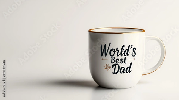 Fototapeta White ceramic mug with "World's Best Dad" text and golden rim on a minimal background
