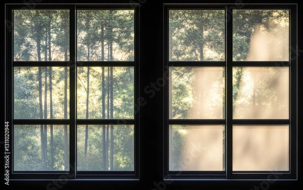 Obraz Reflections of nature through windows in a serene forest setting at sunrise