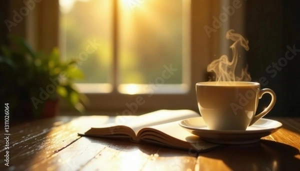 Obraz Open notebook, steaming coffee, sunlight streams through window, table, window