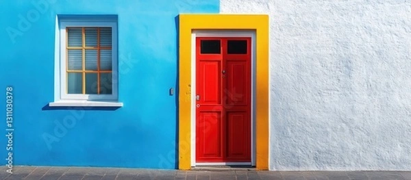 Fototapeta Vibrant colorful house facade featuring a bright red door framed with yellow against a blue and white wall creating a striking contrast