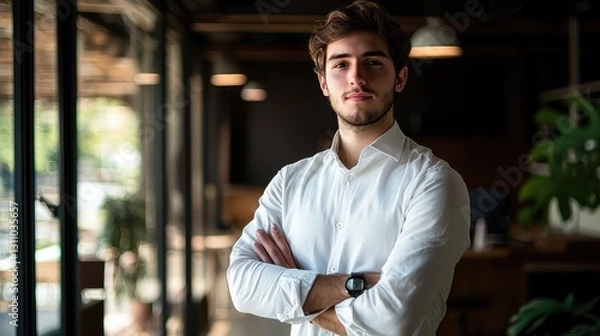 Obraz A young entrepreneur standing confidently in a modern coworking space, arms crossed, natural sunlight streaming in