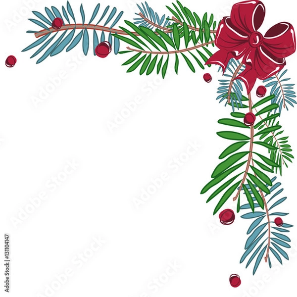 Obraz Christmas corner frame with pine and red bow. Vector illustration.