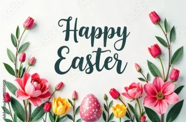 Fototapeta Celebrate Easter with vibrant flowers and a decorative egg display