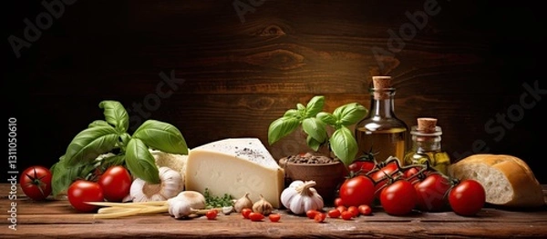 Fototapeta Fresh Italian ingredients including vibrant red tomatoes green basil leaves creamy parmesan cheese cloves of garlic and olive oil on a rustic wooden table