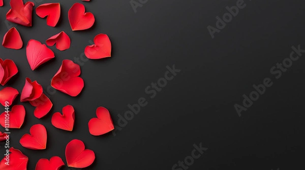 Fototapeta Valentine's Day background with rose petals shaped like hearts on a black  color, minimalistic with copy space
