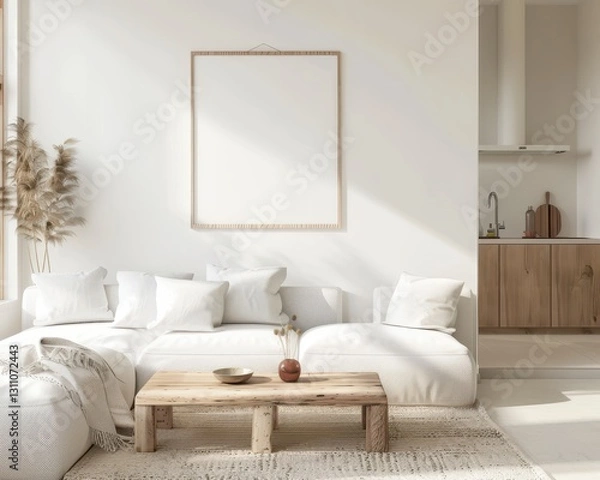 Fototapeta A modern living room with a white couch. a wooden coffee table. and a large empty picture frame on the wall The room is decorated in a minimalist style with neutral colors and natural textures