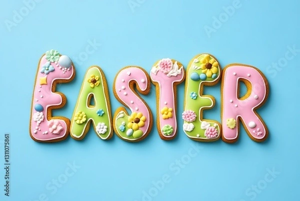 Obraz Colorful Easter cookies shaped like the word “Easter” with floral and dotted icing decorations, set against a light blue background, perfect for Easter holiday celebrations and festive decorations.