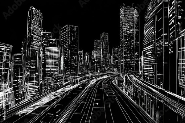 Fototapeta A dramatic Etch-A-Sketch cityscape at night, with towering skyscrapers and winding roads. The detailed, monochrome line work creates an urban, futuristic atmosphere.