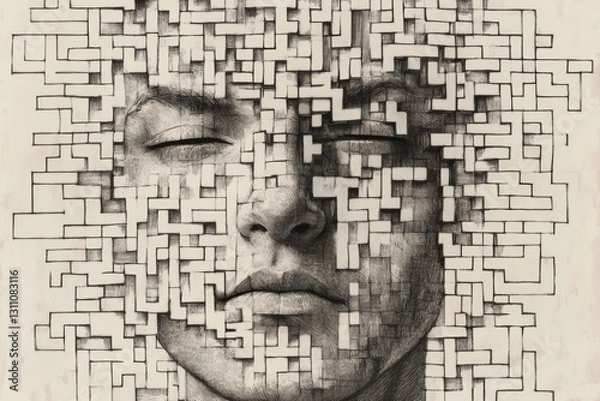 Fototapeta A surreal Etch-A-Sketch portrait of a face dissolving into abstract geometric patterns. The intricate cross-hatching and maze-like details evoke a sense of mystery and introspection.