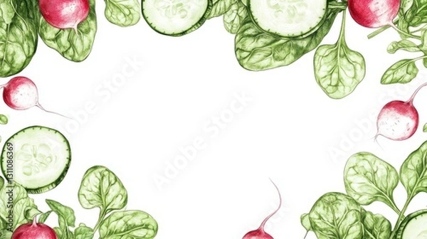 Fototapeta Repeating vegetable border with artistically drawn cucumber slices, spinach leaves, and radishes, hand-sketched botanical elements, gestural drawing style, dynamic composition, fresh green tones on
