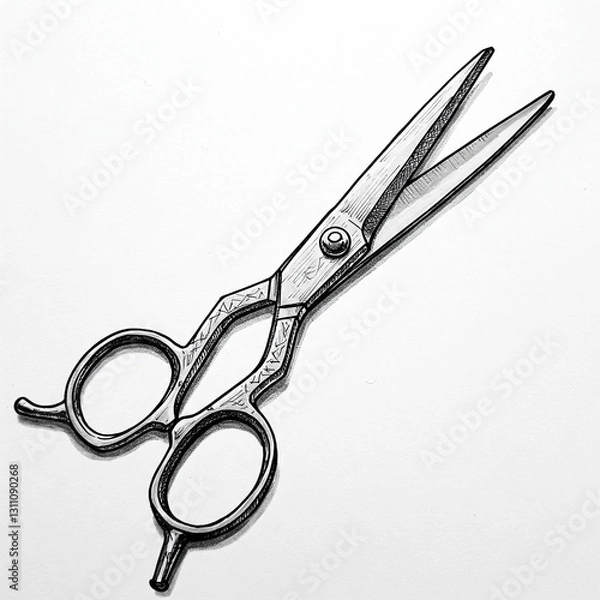 Fototapeta Black line drawing of scissors on a white background.