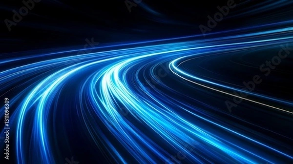 Fototapeta Bright blue light trails curve dynamically against a dark background, creating a sense of speed and motion, 8k Resolution