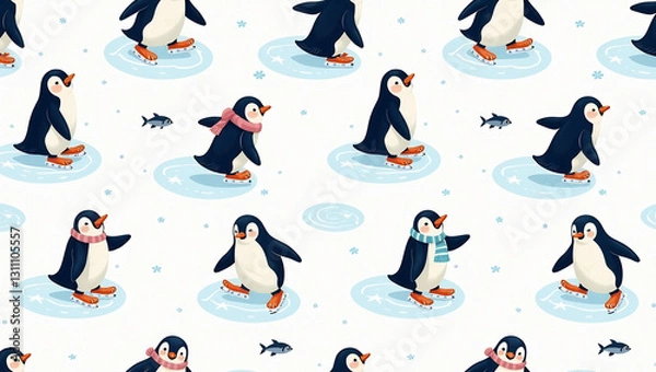 Fototapeta Skating Penguins on Frozen Pond - A seamless pattern of penguins gliding across a shimmering ice pond.