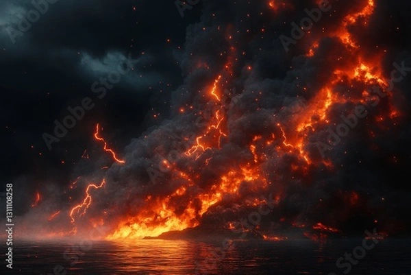 Fototapeta A dramatic night sky with dark clouds and lightning, creating an ominous atmosphere.