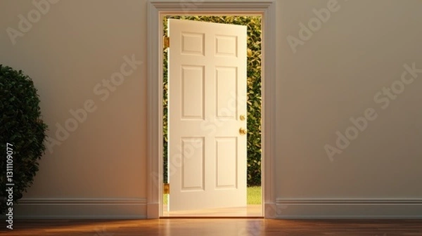 Fototapeta Open Door Leading to Lush Green Garden with Warm Sunlight Glow