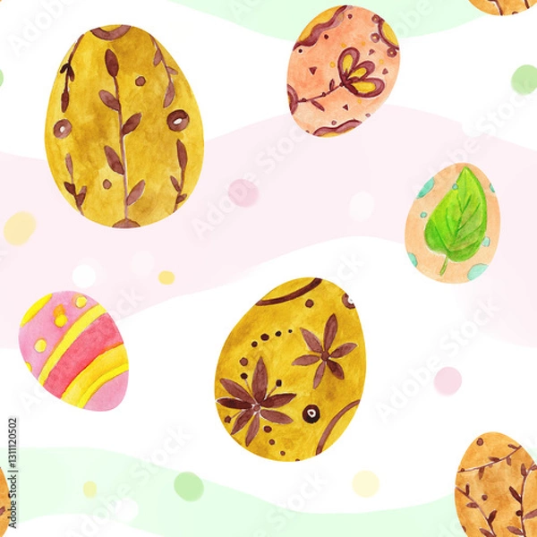Obraz Easter Brown Eggs watercolor seamless pattern. Transparent. PNG.
