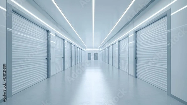 Fototapeta modern self-storage facility interior, gleaming white roll-up doors, long perspective corridor, recessed LED lighting, metallic door handles, light gray floor finish, professional storage space