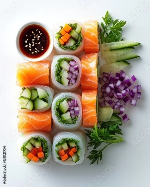 Fototapeta Delicious Fresh Sushi Rolls with Colorful Vegetables and Dipping Sauce on White Background