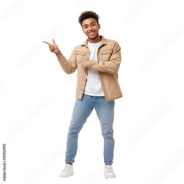 Fototapeta Ultra HD PNG image of a handsome smiing sales person standing pointing towards left wearing suit and tie, smiling at camera on transparent background