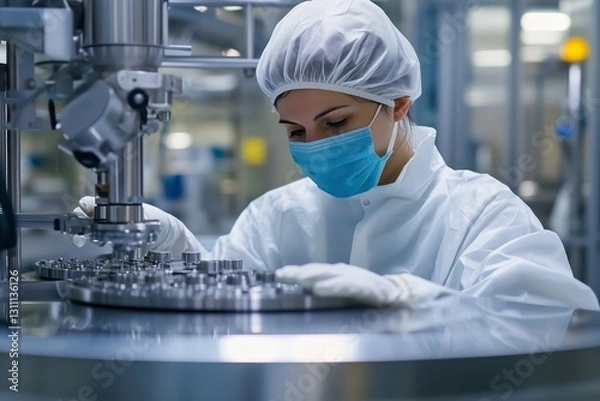 Obraz Female employee in protective gear managing production line at a pharmaceutical manufacturing facility in sterile conditions