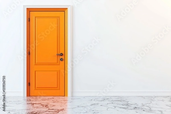 Fototapeta Stark contrast with an isolated orange door against a plain setting.