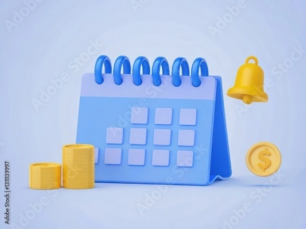 Fototapeta Calendar with Alarm Bell, Coins, and Dollar Symbol on a Soft Background for Financial Planning