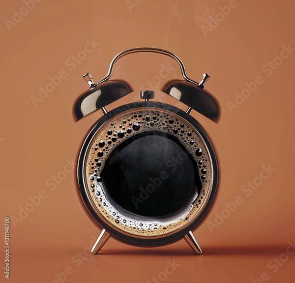 Obraz Creative Coffee Alarm Clock Concept, steaming black coffee inside alarm clock – AI Generated
