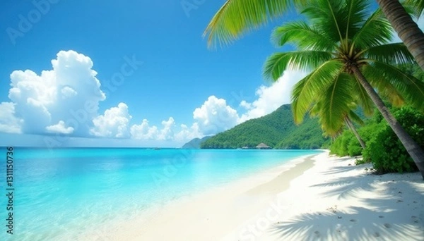 Fototapeta Azure water laps white sand; lush palms sway in gentle breeze , water, shore