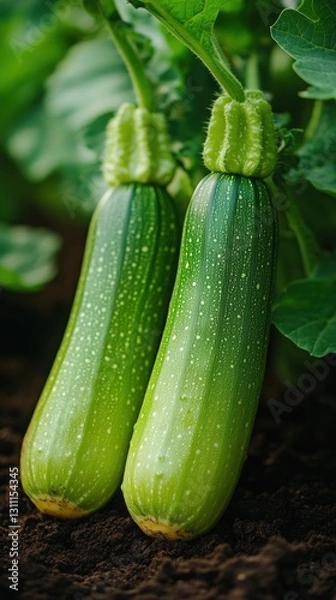 Obraz Close-up of fresh green zucchini growing in a garden surrounded by rich soil and vibrant leaves, showcasing the beauty of home gardening and organic produce