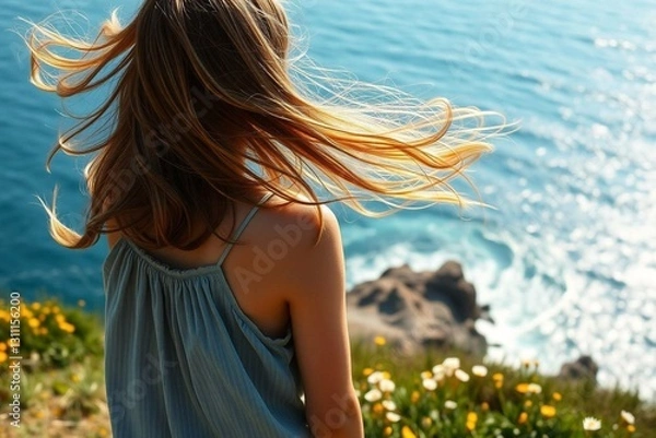 Fototapeta A young woman with long, light brown hair blowing in the wind stands on a grassy hill, gazing at the vast ocean. 