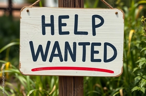 Fototapeta "Help Wanted" Sign: A weathered wooden sign displaying the words "Help Wanted," hanging on a post with a vibrant green natural background.