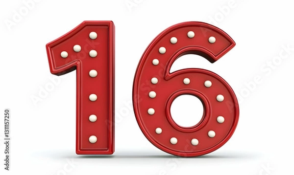 Fototapeta Red illuminated number sixteen on white background