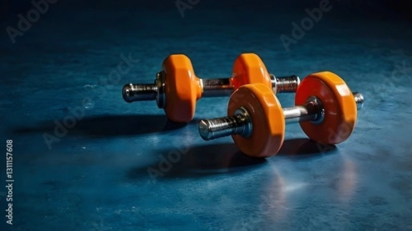 Fototapeta A bright orange dumbbell placed on a blue surface