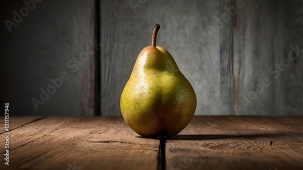 Fototapeta A single ripe pear on a wooden table