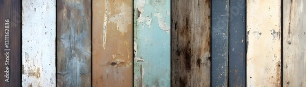 Fototapeta Distressed wooden planks of varying colors are arranged vertically
