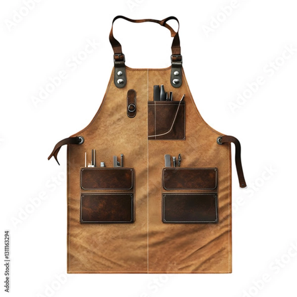 Obraz Stylish brown apron with pockets for tools, ideal for woodworking and crafts, enhancing the creative workspace.