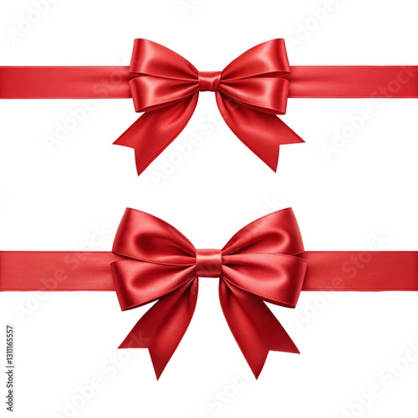 Fototapeta Two elegant red satin bows with horizontal ribbons isolated on a transparent background.