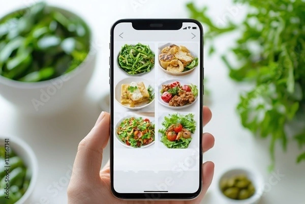 Fototapeta Modern Food Delivery App Interface Displayed on Smartphone with Healthy Meal Options and Fresh Ingredients in Background