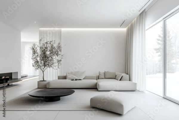 Fototapeta A comfortable living room scene with a couch, coffee table, and calm atmosphere