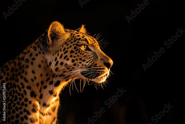 Fototapeta Majestic leopard side profile illuminated by golden light against a dark background.  