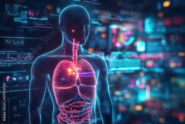 Fototapeta A futuristic holographic representation of a personâ€™s digestive system, highlighting bacterial overgrowth in the stomach